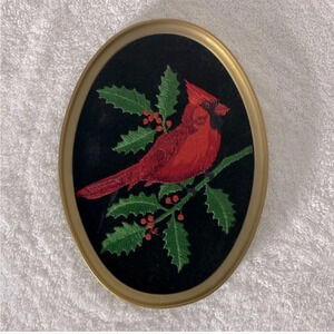 Vintage Ecstasy  Giftware Black Velvet Embroidered Oval Framed Art Cardinal